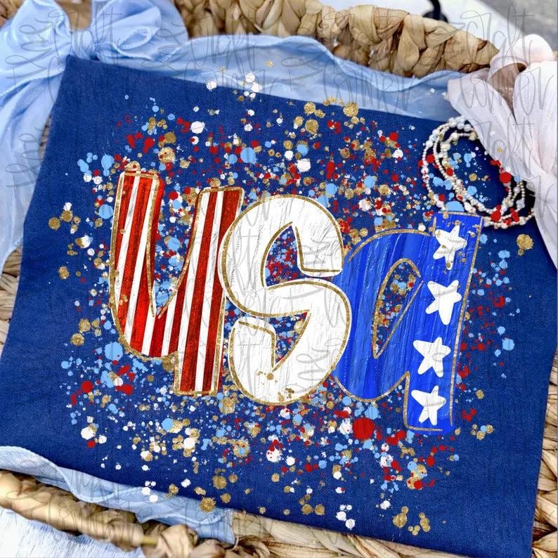 USA Paint Splatters DTF Transfer, 4th of July, Patriotic DTF, Trendy Fourth of July, Ready to Press, Heat Transfer image 1