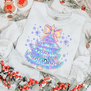 Sapin de Noël holographique, sérigraphie, transfert, transfert plastisol, prêt à presser, transfert à chaud, tendance