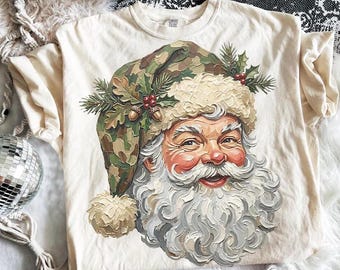 Camo Painted Santa Christmas DTF Transfer, Trendy Christmas, Faux Painted, Glam Christmas, Ready to Press, Heat Transfer, Trees