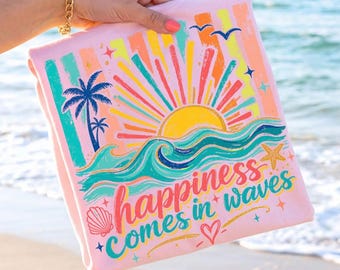 Happiness Comes in Waves Trendy Summer DTF Transfers, Trendy Summer, Ready to Press, Heat Transfer, Fish, Boat, Beach, Trendy