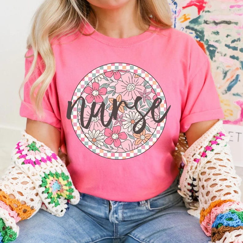 Spring Floral Nurse DTF Transfer, Nursing, Occupation, Hospital, DTF, Ready to Press, Heat Transfer, Floral, Distressed, Trendy image 1
