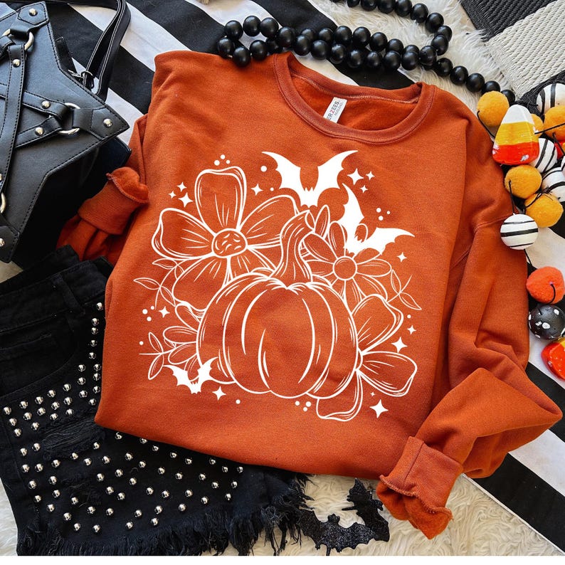 Batty Pumpkin Floral Siebdruck Siebdruck, Papiertransfer, Heat Transfer, bereit zum Pressen, Herbst, Halloween Bild 1