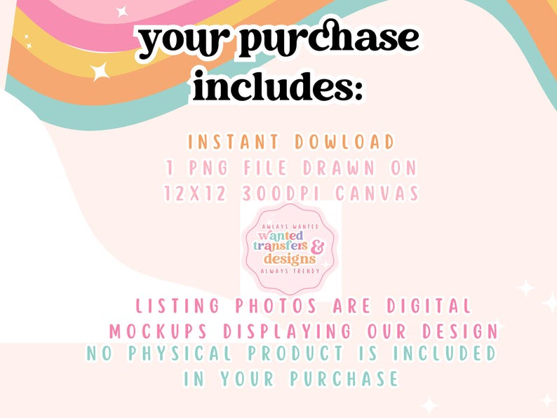 The image is a colorful advertisement for a product that includes a digital download of a 1-page drawing on a 3000dpi canvas. It also mentions that listing photos are digital mockups displaying the design, and no physical product is included in the purchase.