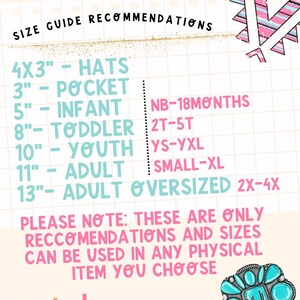 a size guide recommendation for various age groups, including infants, toddlers, children, and adults. It provides size recommendations for different types of items, such as hats, pockets, and oversized clothing. The image also includes a note that these recommendations and sizes are only recommendations and can be used in any physical item choice. The wanted Transferrants logo is present in the bottom right corner.