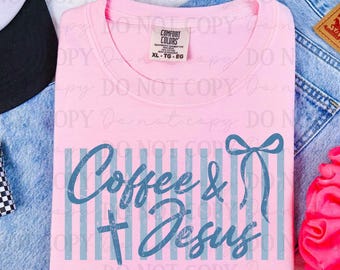 Transferência Térmica "Café e Jesus Azul", Fé Moderna, Tecido Seersucker, Desenhos, Pronto para Estampar, Transferência de Calor, Versículo Bíblico, Jesus, Café