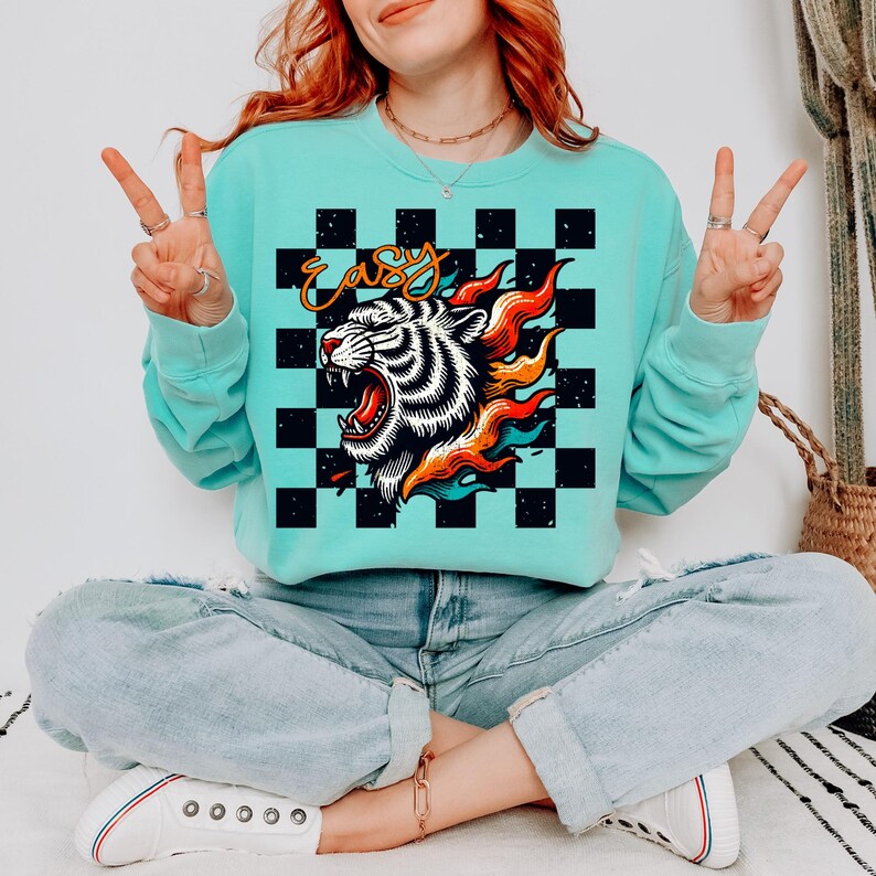 May include: A turquoise blue sweatshirt with a black and white checkered pattern and a tiger head graphic with flames. The graphic also includes the word "easy" in yellow lettering.