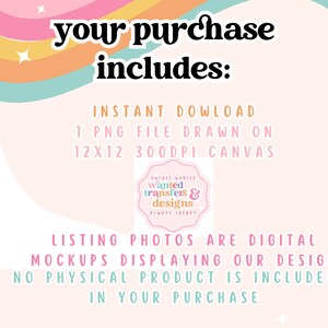 The image is a promotional advertisement for a product that includes a digital download of a 1-page drawing on a 3000dpi canvas, listing photos as digital mockups displaying the user's design, and no physical product being included in the purchase.