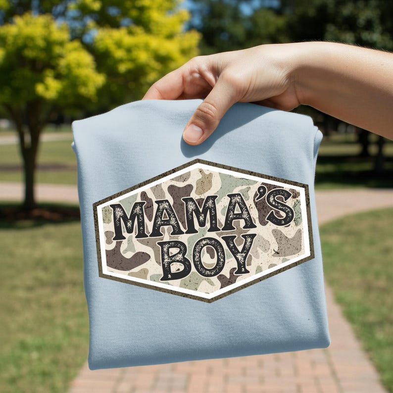 Camo Mama's Boy DTF Transfer, Trendy Camo, Duck Camo, Fishing, Hunting, Ready to Press, DTF image 1