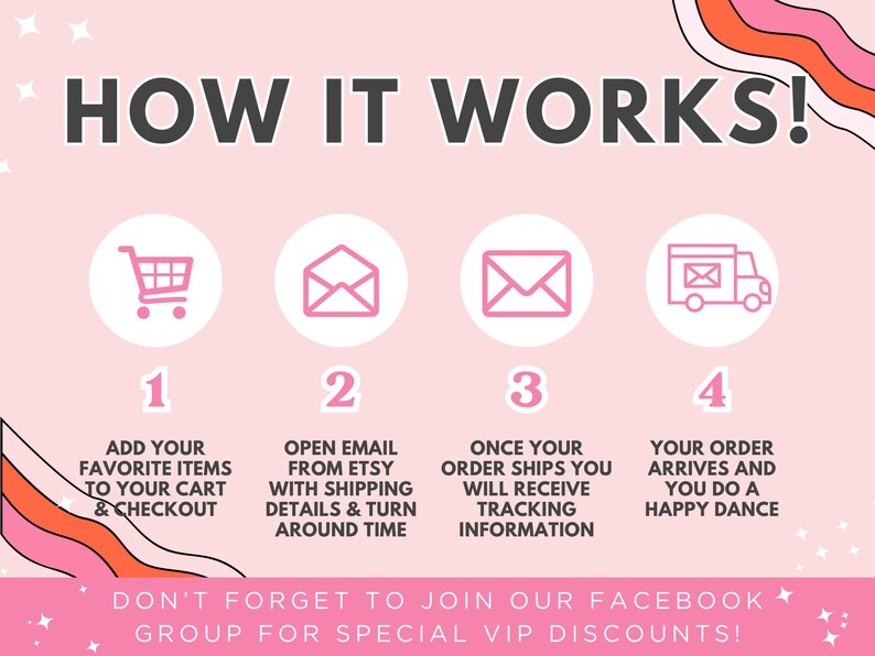 The image is a promotional graphic for a group on Facebook, featuring a pink background with white text and icons. The text highlights the process of adding items to a cart, receiving an email, tracking order details, and receiving a happy dance notification. The image also includes a shopping cart icon, an envelope icon, a truck icon, and a dance icon, suggesting a fun and interactive shopping experience.