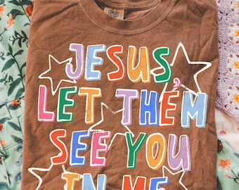 彼らにあなたの姿を見せてあげましょう ホワイトスター DTF 転写、トレンディな信仰、シアサッカー、落書き、すぐにプレスできる、熱転写、聖書の言葉、イエス、コーヒー