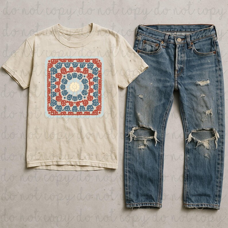 Red White And Blue Granny Square DTF Transfer, Trendy Thrifty, Grandma’s Closet, Thrift DTF, Ready to Press, Heat Transfer, Quilting image 1