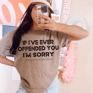 Puede incluir: Camiseta marrón con el texto "IF I'VE EVER OFFENDED YOU I'M SORRY that you're a little bitch" en negro. La persona lleva una gorra de camionero marrón y blanca.