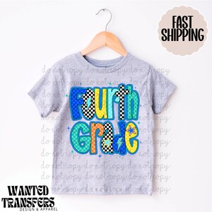 Fourth Grade Retro Blue Stars DTF Transfers, Trendy Back to School, Girls, Boys, Blue, Teacher, Ready to Press, DTF