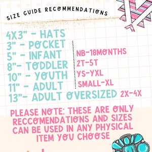 a size guide recommendation for various age groups, including infants, toddlers, children, and adults. It provides size recommendations for different types of items, such as hats, pockets, and oversized clothing. The image also includes a note that these recommendations and sizes are only recommendations and can be used in any physical item choice. The wanted Transferrants logo is present in the bottom right corner.