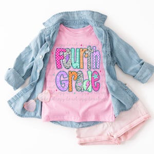 Fourth Grade Retro Pink Stars DTF Transfers, Trendy Back to School, Girls, Boys, Blue, Teacher, Ready to Press, DTF