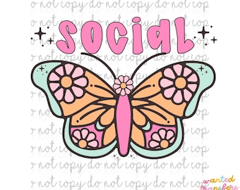 Social Butterfly PNG, Retro Shirt Design (Digital Download)