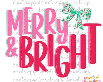 Merry & Bright Christmas PNG, Pink Polka Dot Design (Digital Download)