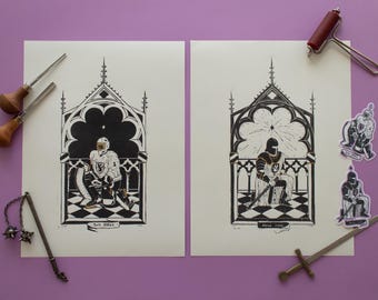 Goalie & Knight Linolschnitt 'two sides, one coin' Handmade Original Print mit goldenen Details | Eishockey Kunst | Blockdruck Linoldruck