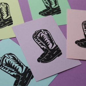 Stivali da cowboy in linoleum | Stivali da rodeo western | Timbro in gomma Mini Prints | stampa a blocchi linoleografici