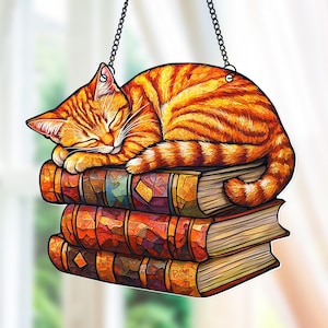 Custom Orange Cat On Book Acrylic Suncatcher Ornament, Book Window Decor, Book Lover Gifts, Bookish Gift Book Indoor Decor, Librarian Gifts
