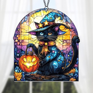 Halloween Witch Cat with Pumpkin Acrylic Window Hanging, Gothic Cat Decor, Witchy Room Ornament, Spooky Fall Decoration, Cute Cat Halloween
