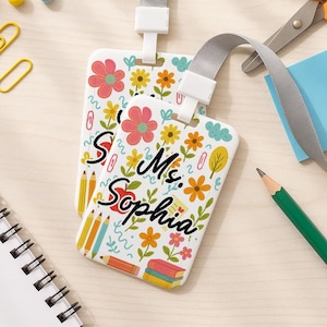 Personalized Teacher ID Card Badge Holder, Custom Teacher Name Back To School Gift, Teacher Appreciation Gift, Floral Teacher ID Holder