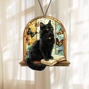 Black Cat And Book Acrylic Suncatcher, Reading Cat Window Hanging, Book Window Decor, Gift For Cat Lover, Book Lover Gifts, Librarian Gifts