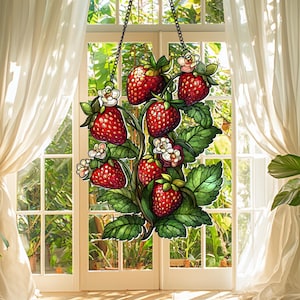 Strawberry Branch Suncatcher, Floral Window Hanging Ornament, Home Decor, Perfect Housewarming Gifts, Gifts for Nature and Berry Lovers