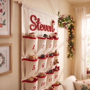 Personalized Christmas Advent Calendar, Custom Name 24 Pocket Canvas Countdown, Reusable Wall Hanging for Kids and Family