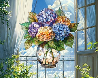 Hydrangeas Bouquet Flowers Window Hanging Decor, Gifts for Grandma