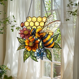 Honigbiene & Waben-Sonnenfänger, Bienenfensterbehang, Blumenfensterdekoration, Wohnkultur, Imkergeschenke, Honigbienengeschenke, Geschenke für Bienenliebhaber