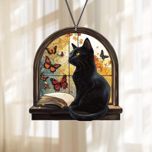 Schwarze Katze und Buch Suncatcher, schwarze Katze und Buchfensterbehang, Buch Fensterdekoration, Wohnkultur, Geschenk für Katzenliebhaber, Buchliebhaber Geschenke