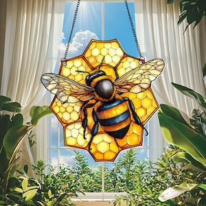 Honey Bee And Hive Acrylic Window Hanging, Bee Wall Decor, Nature-Inspired Bee Decor for Home or Garden, Bee Lover Gifts, Beekeeper Gifts