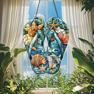 Flip Flop Acrylic Window Hanging, Beach Summer Seaside Window Decor, Coastal Sun Catcher, Ocean Theme Beach House Decor, Ocean Lover Gifts
