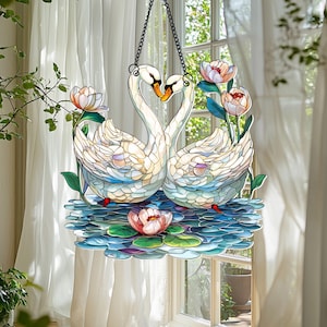 Romantic Swan Suncatcher Ornament, Swan Couple Acrylic Window Hanging, Perfect for Valentine&#39;s Day, Gifts For Girlfriend, Nature Lover Gifts
