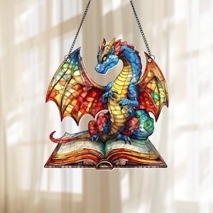 Book Dragon Acrylic Window Hanging, Fantasy Dragon Hanging Decor, Bookish Home Decor, Bookish Home Wall Art Decor Gifts, Book Lover Gifts