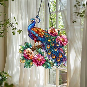 Pauw en bloemen acryl raam hangend, pauw suncatcher, woondecoratie, vogel raam kunst aan de muur, Moederdagcadeaus, cadeaus voor oma