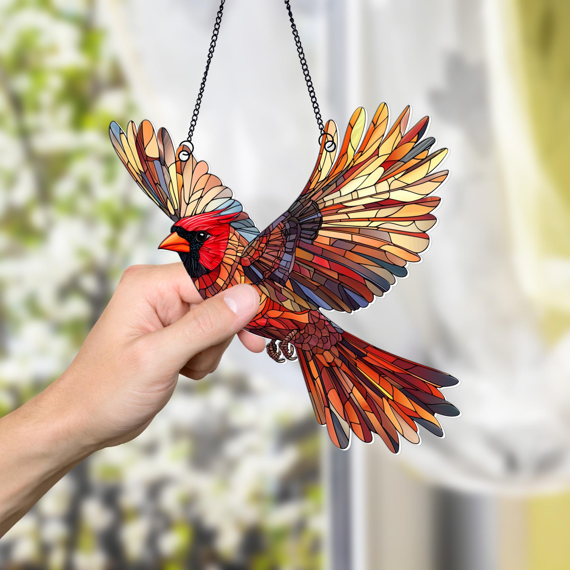 Kolibrie kardinaal zonnevanger glas in lood raamhangers, vogels bloemen zon vangers kleurrijke hanger met kettingen voor binnen buiten huis tuin decor, vogel liefhebbers cadeau voor moeder oma vrouw