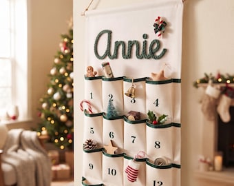 Reusable Christmas Advent Calendar, Personalized Name Canvas Wall Hanging with 24 Large Pockets