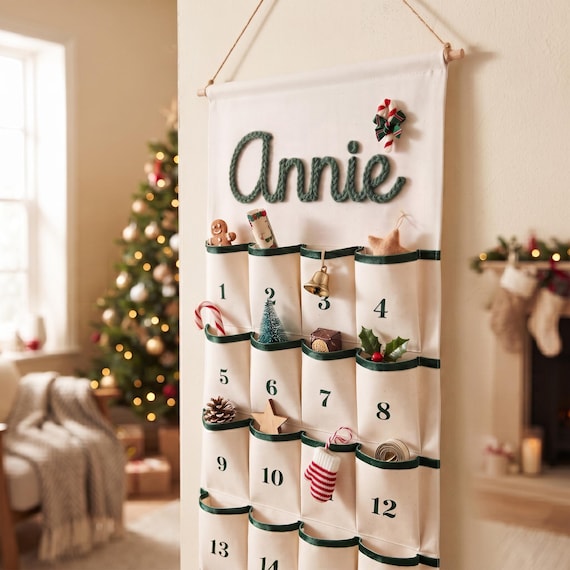 Reusable Christmas Advent Calendar, Personalized Name Canvas Wall Hanging with 24 Large Pockets