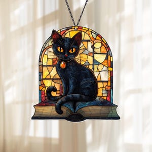 Black Cat And Book Window Hanging, Acrylic Suncatcher, Book Window Decor, Home Decor, Book Lover Gifts, Cat Lover Gifts, Librarian Gifts