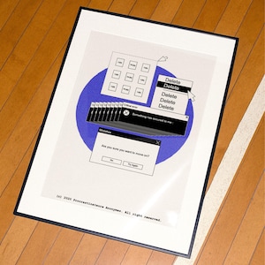 Może przedstawiać: Oprawiony wydruk artystyczny z cyfrowym projektem graficznym. Zawiera niebieskie koło i wyskakujące okna w stylu komputerowym ze słowami "Delete", "Mistakes" i "Are you sure you want to move on?" na białym tle. Informacja o prawach autorskich brzmi "(c) 2020 Procrastinateurs Anonymes. All right reserved."
