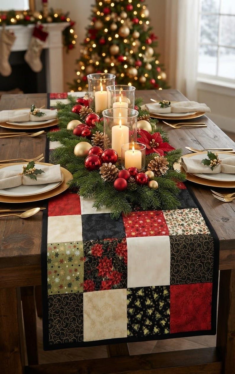 May include: A patchwork table runner featuring squares of red, black, cream, and olive green fabric with floral and swirl patterns. The runner is topped with a centrepiece of evergreen branches, red and gold ornaments, pinecones, and five pillar candles.