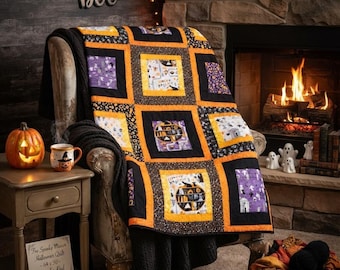 May include: A patchwork quilt featuring Halloween-themed fabric squares in orange, black, and purple, with patterns of pumpkins, ghosts, and bats. The quilt is draped over a chair and includes a sign that reads The Spooky Manor Halloween Quilt - 64 x 90 - One of a Kind.