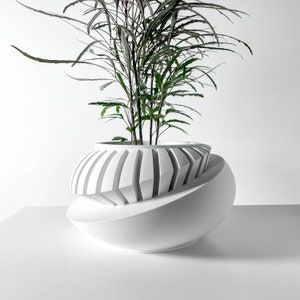 May include: A contemporary white planter with a distinctive geometric pattern. The planter has a large, curved base and a top section with vertical, angled lines. It contains a green plant with long, thin leaves, providing a striking contrast.