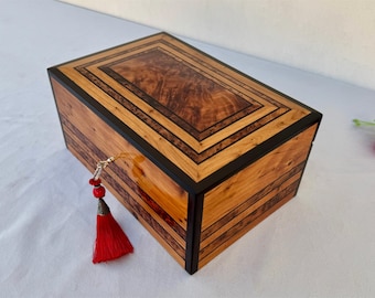 10"x7" Handmade Wooden Jewelry Box Made Of Thuya Burl,Lockable Wooden Chest Box With Two Storage Level,Large Jewelry Organizer Box,Gift Box