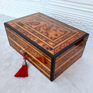 12"x8" Luxury Lockable Thuya Burl Jewelry Box with Key, Christmas Gift, Wedding, Birthday Memory Box,Handmade Jewelry Organizer with Divider