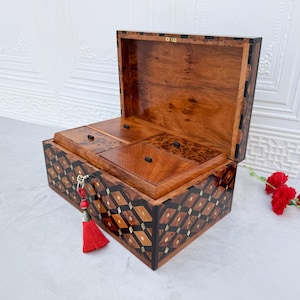 12"x8" Wooden Jewelry Box for Women & Men ,Large Handmade Jewelry Box with lock,Jewelry Organizer Box with Removable Divider, Thuya Burl Box