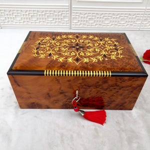 12&quot;x8&quot; Handmade Moroccan Jewelry Box | Thuya Wood Engraved with Lemon Wood  | Lockable Vintage Jewelry Box with Key