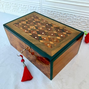 Rare Thuya Wood Burl Jewelry Organizer Box 10"×7" , Keepsake Thuja Box With Walnut  Wood Inlays - Wedding Gift - Birthday Gift Idea